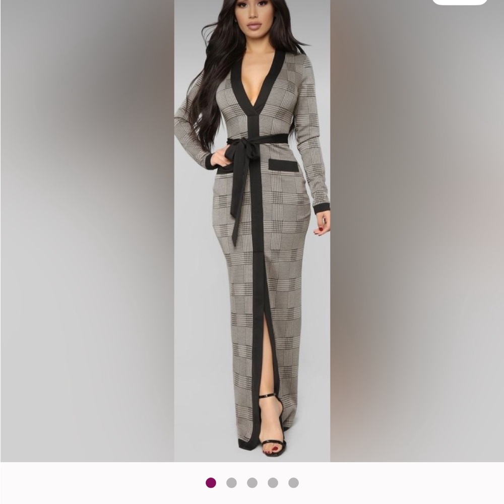 Fashion Nova Gray Plaid Maxi Dress with Black Trim